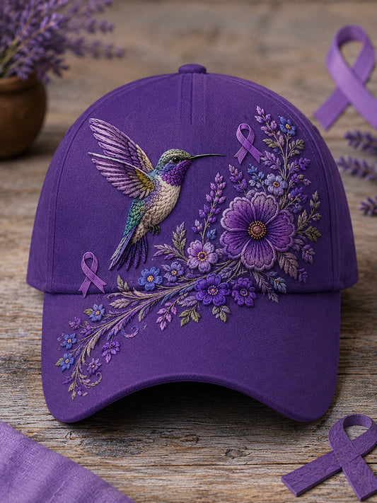 Chapeau de soutien à la sensibilisation à la maladie d’Alzheimer, unisexe, à imprimé floral violet et colibri
