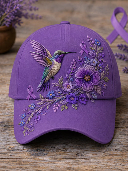 Chapeau de soutien à la sensibilisation à la maladie d’Alzheimer, unisexe, à imprimé floral violet et colibri