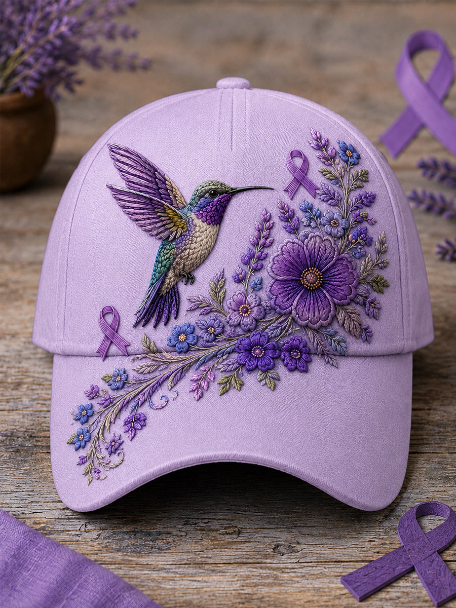 Chapeau de soutien à la sensibilisation à la maladie d’Alzheimer, unisexe, à imprimé floral violet et colibri