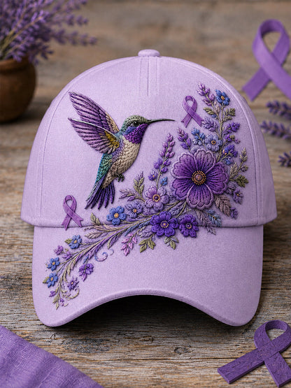 Chapeau de soutien à la sensibilisation à la maladie d’Alzheimer, unisexe, à imprimé floral violet et colibri