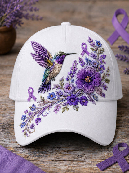 Chapeau de soutien à la sensibilisation à la maladie d’Alzheimer, unisexe, à imprimé floral violet et colibri