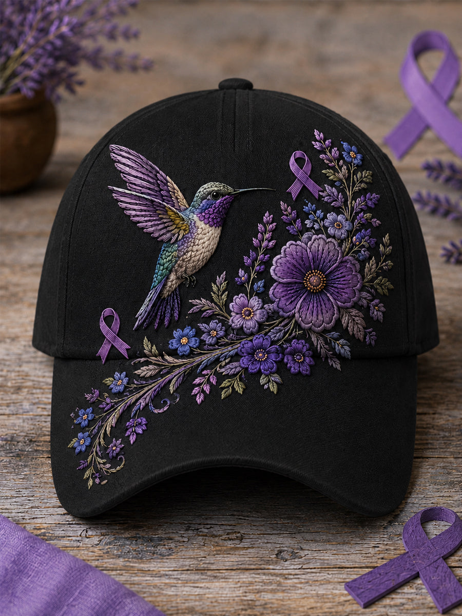 Chapeau de soutien à la sensibilisation à la maladie d’Alzheimer, unisexe, à imprimé floral violet et colibri