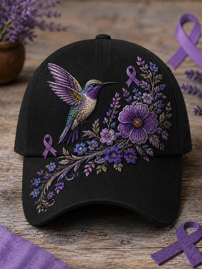 Chapeau de soutien à la sensibilisation à la maladie d’Alzheimer, unisexe, à imprimé floral violet et colibri