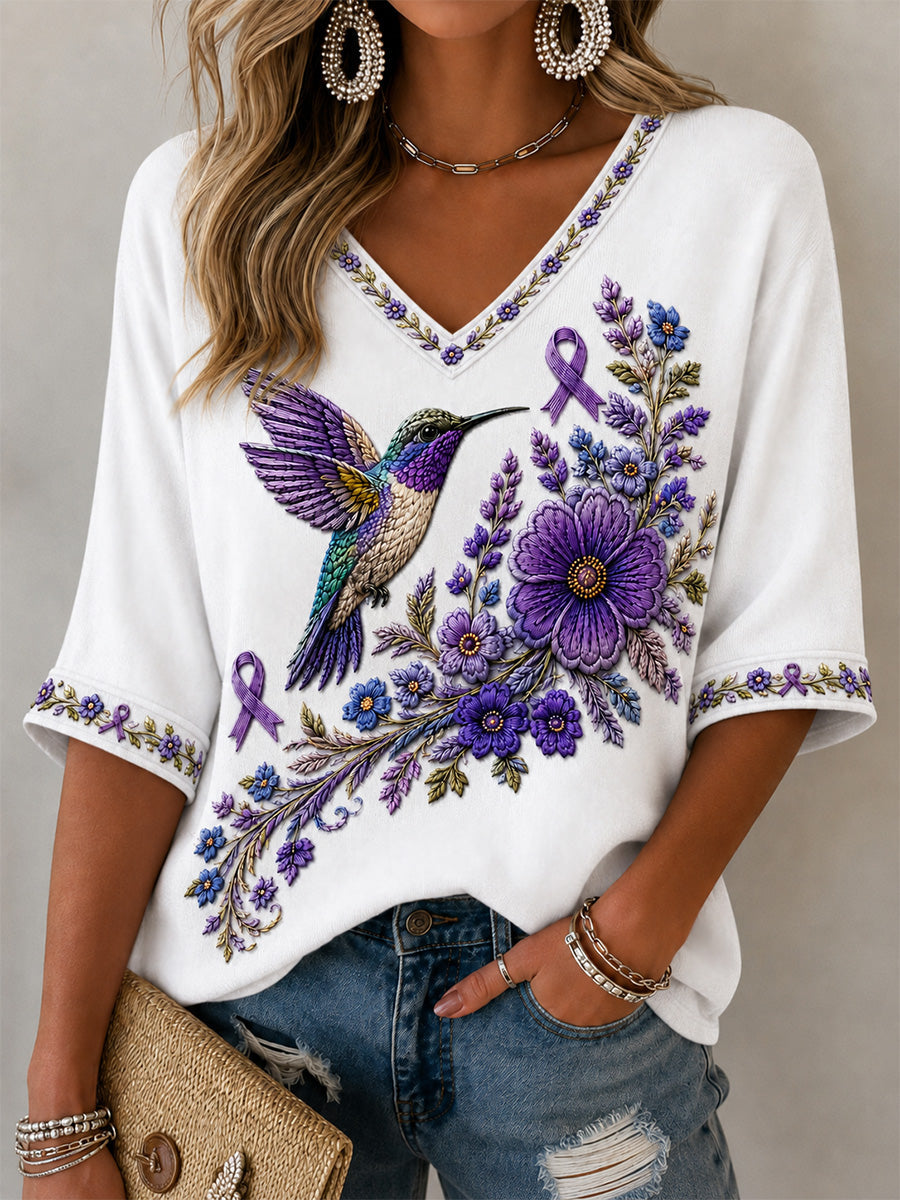 T-shirt à col en V pour femmes, imprimé floral violet et colibris, en soutien à la sensibilisation à la maladie d’Alzheimer