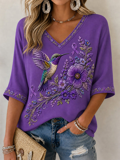 T-shirt à col en V pour femmes, imprimé floral violet et colibris, en soutien à la sensibilisation à la maladie d’Alzheimer
