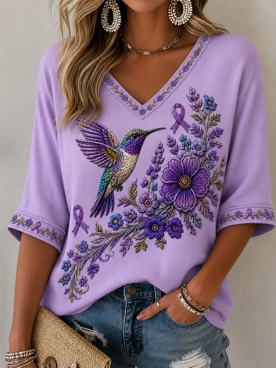 T-shirt à col en V pour femmes, imprimé floral violet et colibris, en soutien à la sensibilisation à la maladie d’Alzheimer