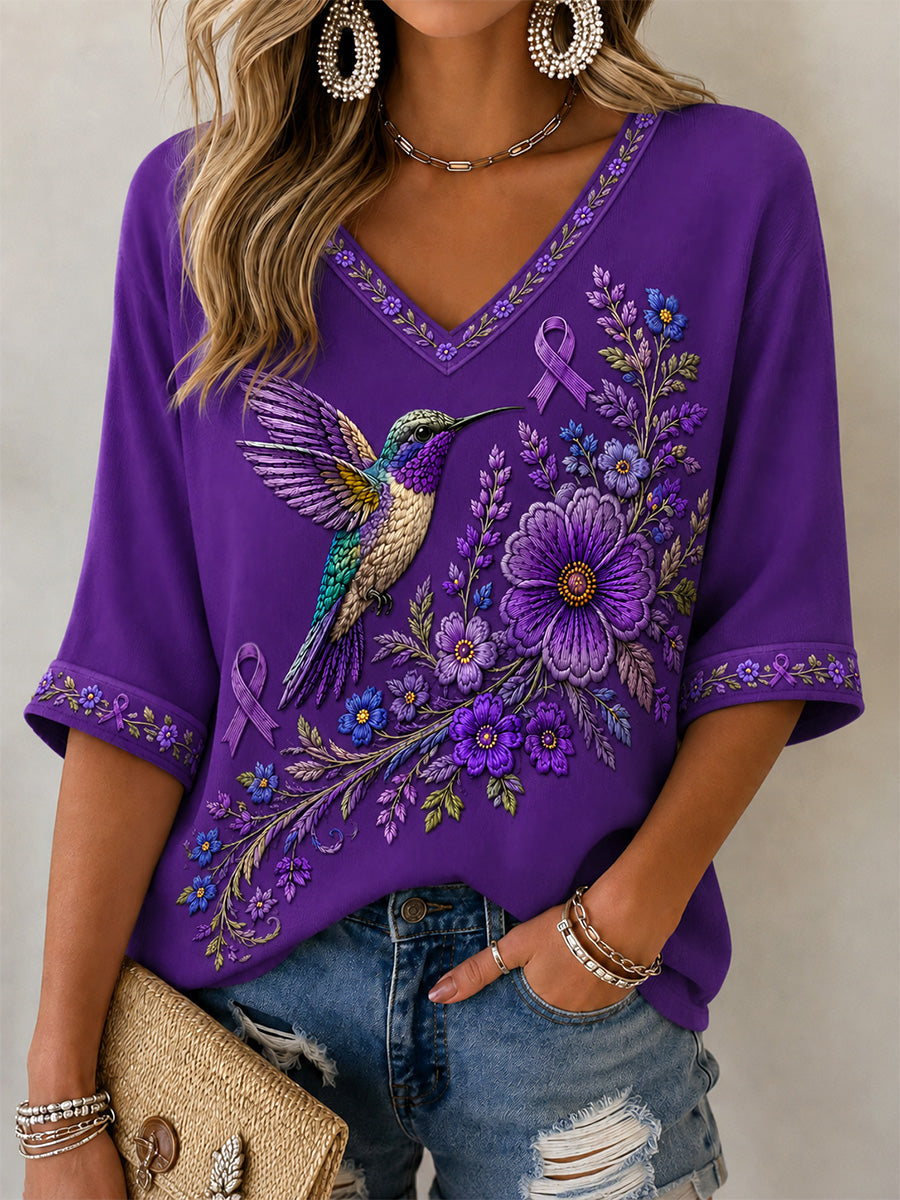 T-shirt à col en V pour femmes, imprimé floral violet et colibris, en soutien à la sensibilisation à la maladie d’Alzheimer