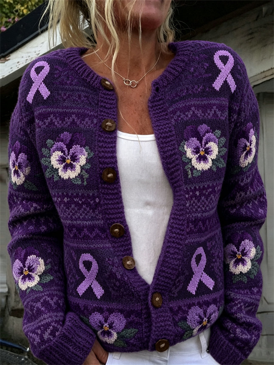Femmes Vintage Violet Ruban & Pansy Flowers Isle Motif Imprimer Cardigan