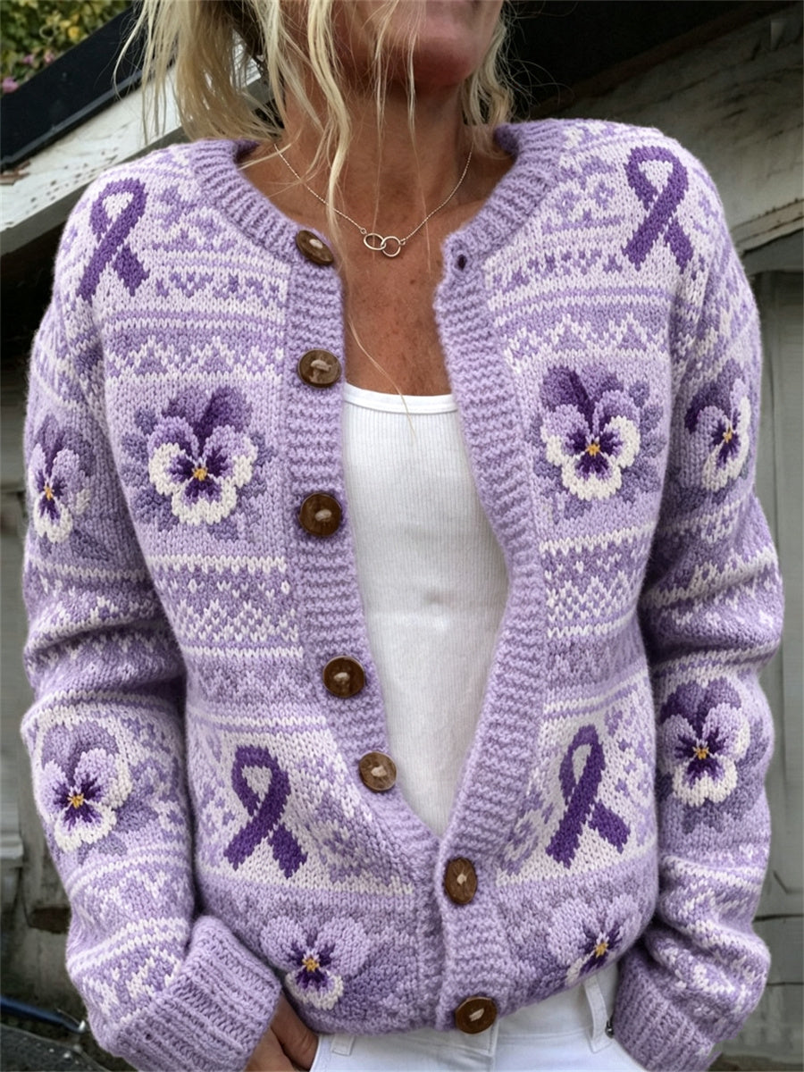 Femmes Vintage Violet Ruban & Pansy Flowers Isle Motif Imprimer Cardigan