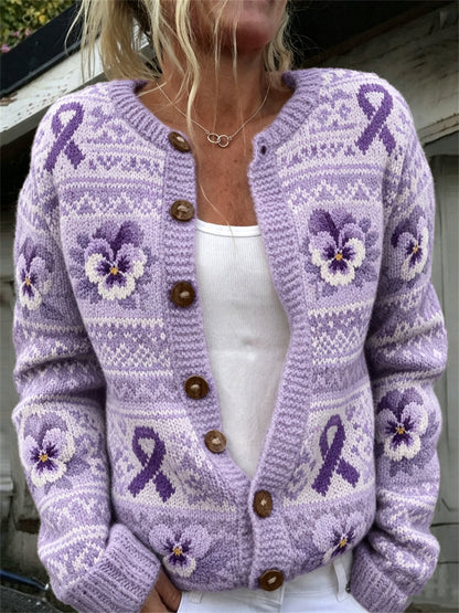 Femmes Vintage Violet Ruban & Pansy Flowers Isle Motif Imprimer Cardigan