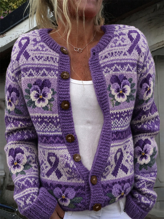Femmes Vintage Violet Ruban & Pansy Flowers Isle Motif Imprimer Cardigan