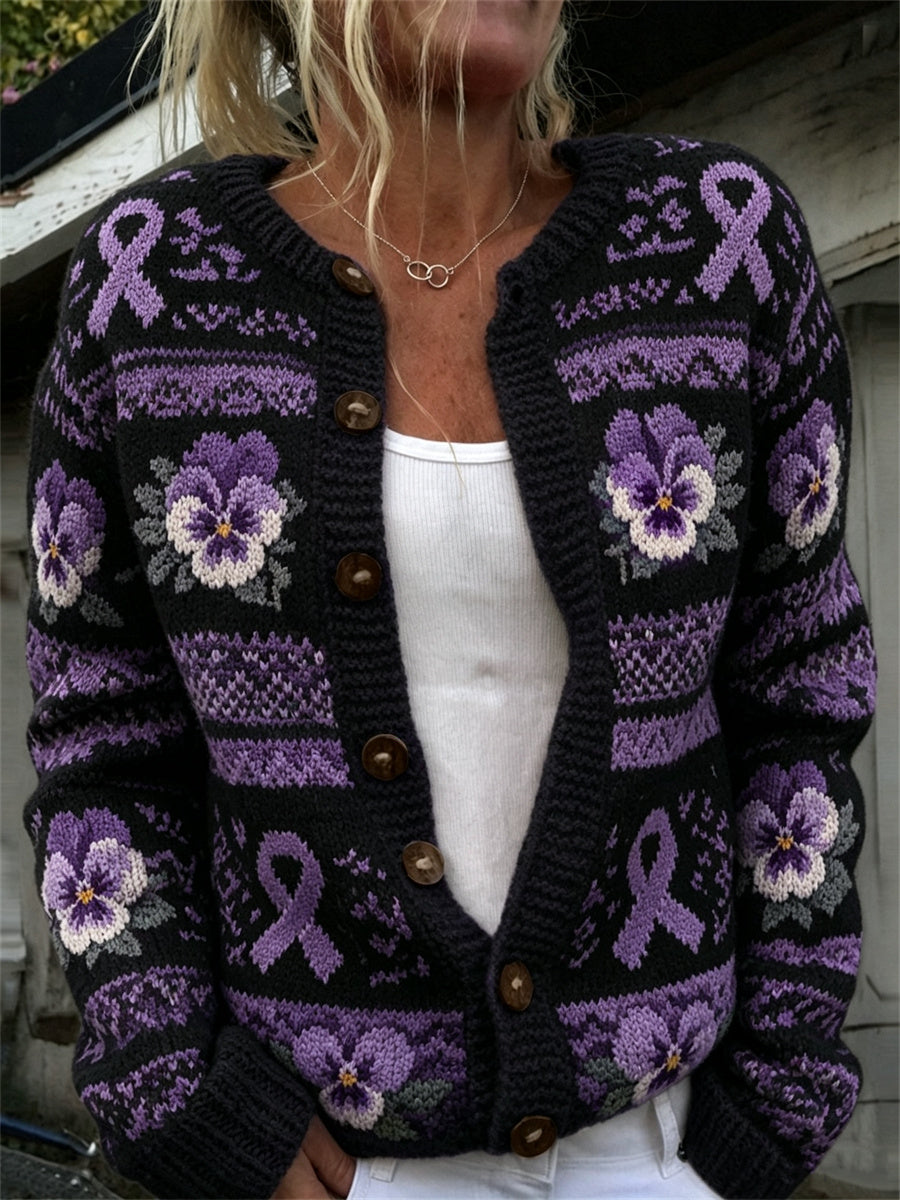 Femmes Vintage Violet Ruban & Pansy Flowers Isle Motif Imprimer Cardigan