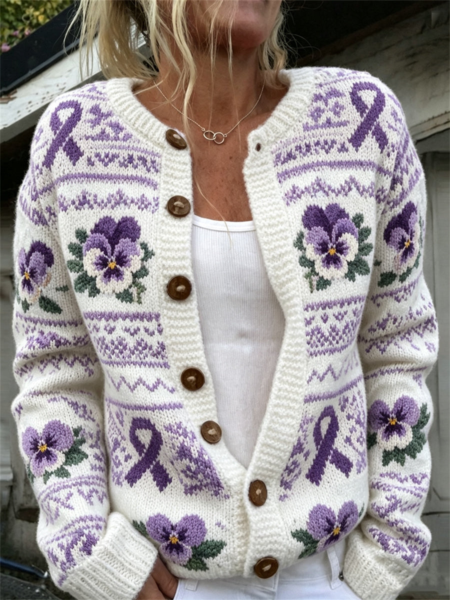 Femmes Vintage Violet Ruban & Pansy Flowers Isle Motif Imprimer Cardigan