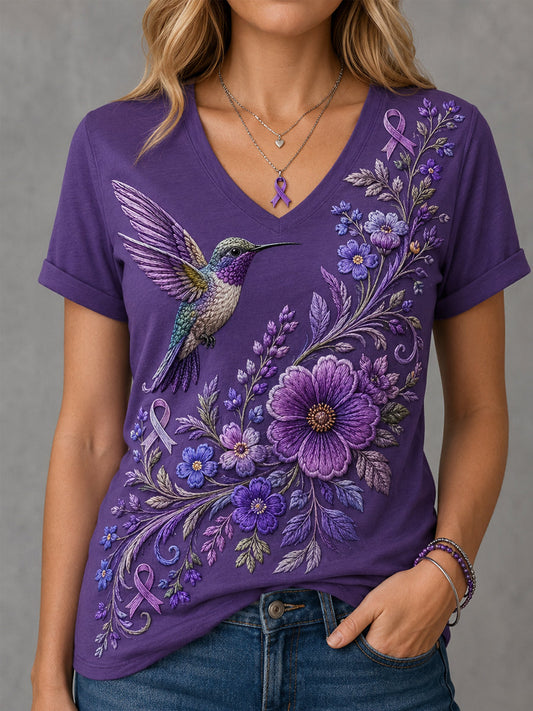 T-shirt à col en V violet à imprimé floral et colibri pour femmes, soutien de sensibilisation à la maladie d'Alzheimer