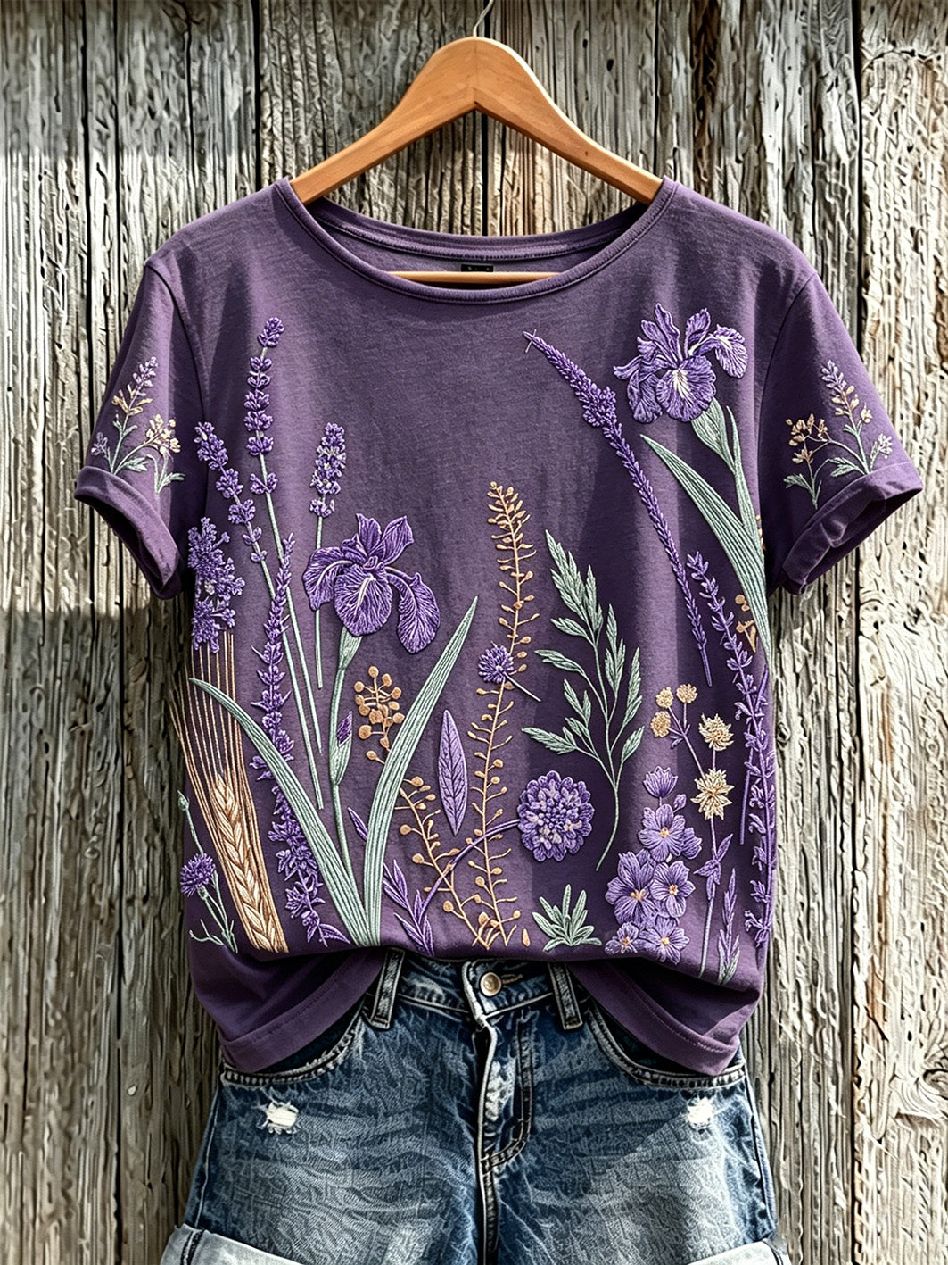 T-shirt décontracté imprimé à motif de fleurs violettes pour femmes