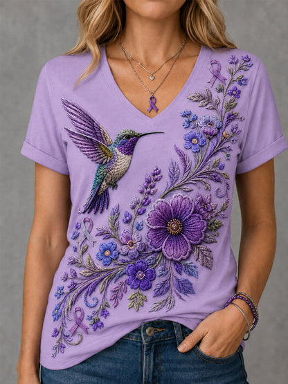 T-shirt à col en V violet à imprimé floral et colibri pour femmes, soutien de sensibilisation à la maladie d'Alzheimer