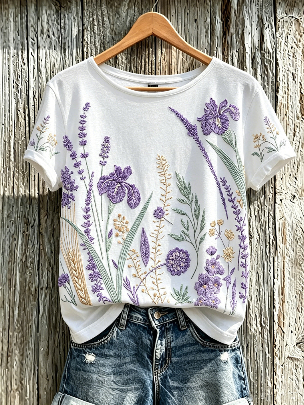T-shirt décontracté imprimé à motif de fleurs violettes pour femmes