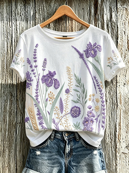 T-shirt décontracté imprimé à motif de fleurs violettes pour femmes
