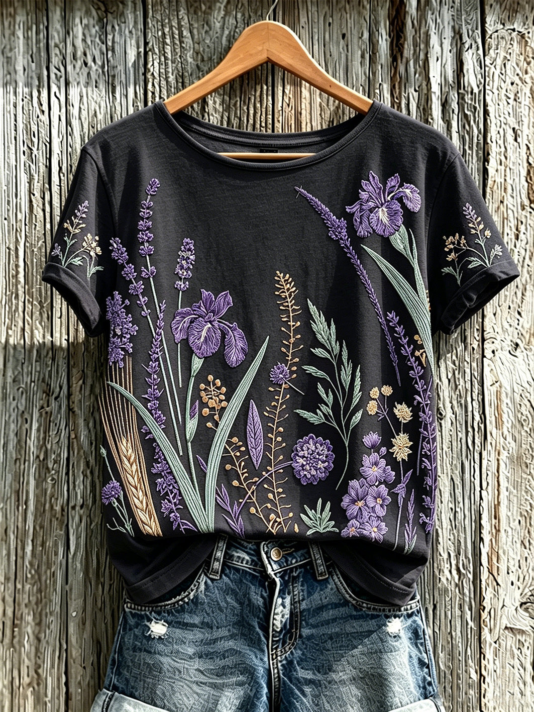 T-shirt décontracté imprimé à motif de fleurs violettes pour femmes
