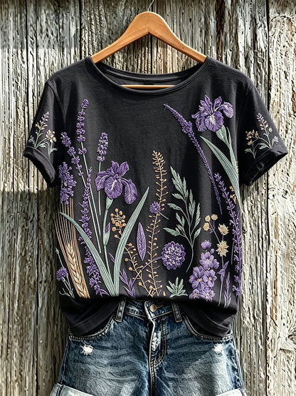 T-shirt décontracté imprimé à motif de fleurs violettes pour femmes