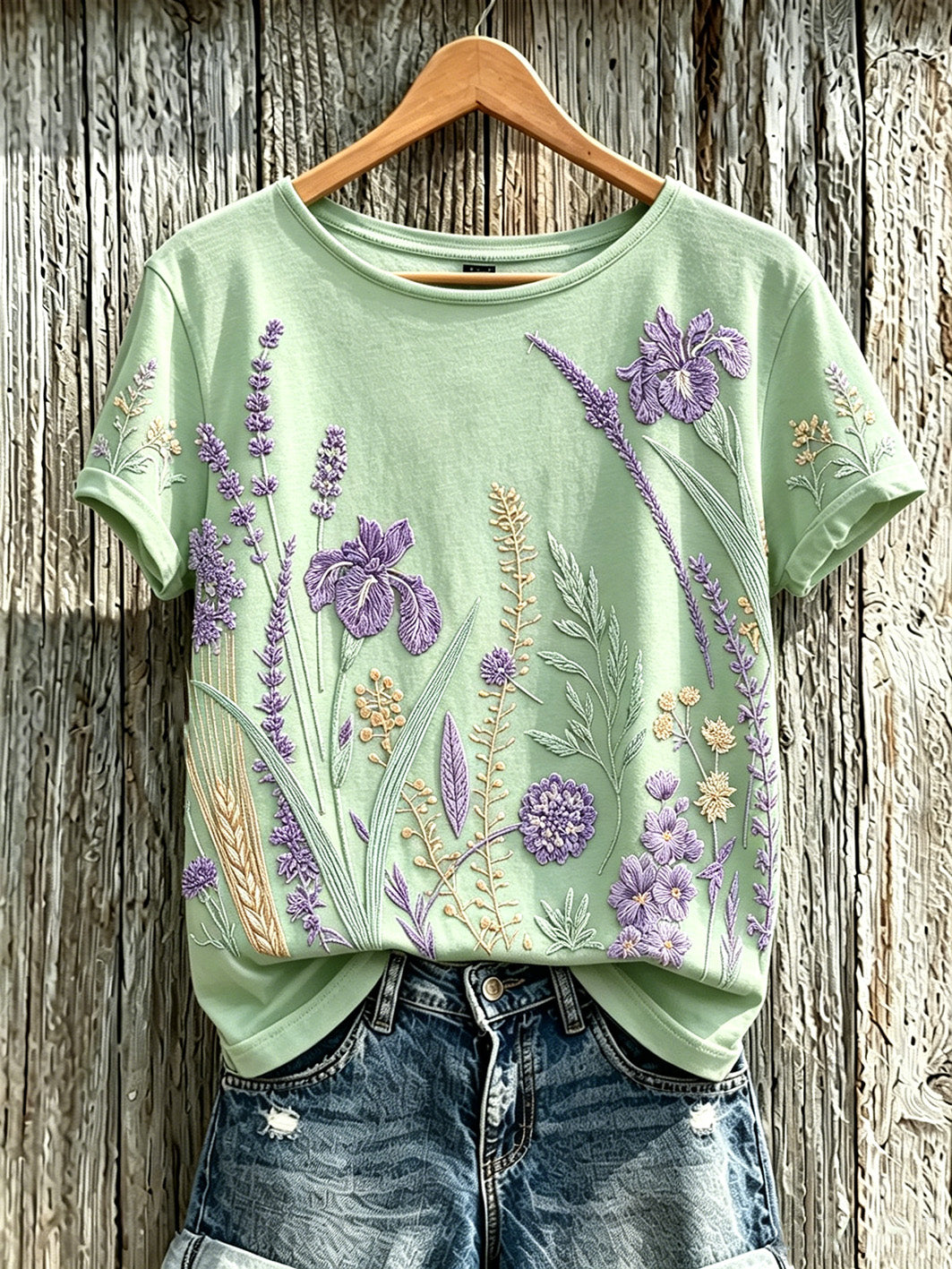 T-shirt décontracté imprimé à motif de fleurs violettes pour femmes