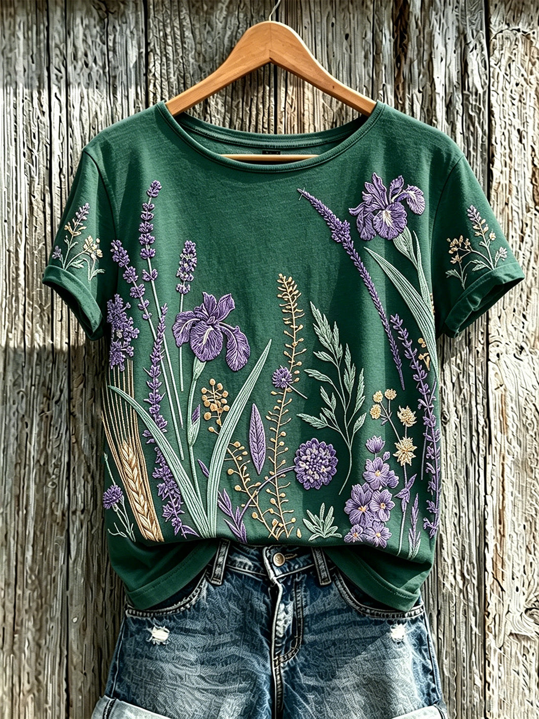 T-shirt décontracté imprimé à motif de fleurs violettes pour femmes
