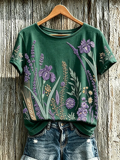 T-shirt décontracté imprimé à motif de fleurs violettes pour femmes