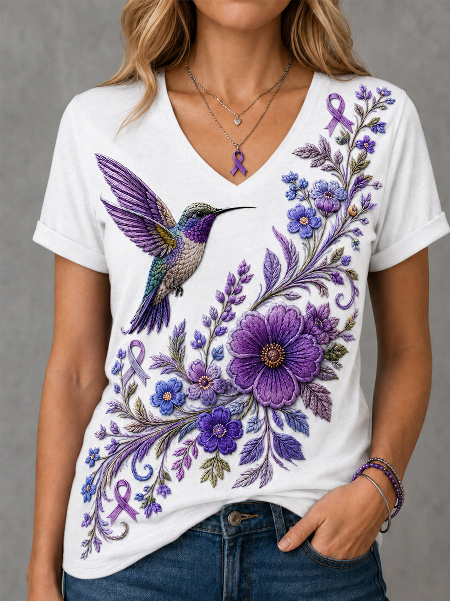 T-shirt à col en V violet à imprimé floral et colibri pour femmes, soutien de sensibilisation à la maladie d'Alzheimer