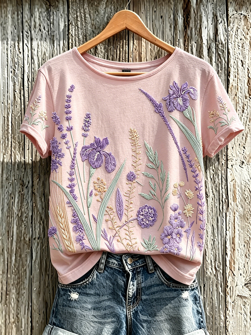 T-shirt décontracté imprimé à motif de fleurs violettes pour femmes