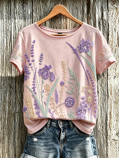 T-shirt décontracté imprimé à motif de fleurs violettes pour femmes
