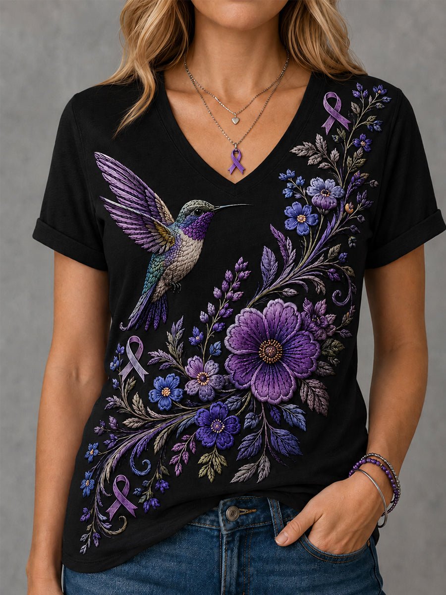 T-shirt à col en V violet à imprimé floral et colibri pour femmes, soutien de sensibilisation à la maladie d'Alzheimer