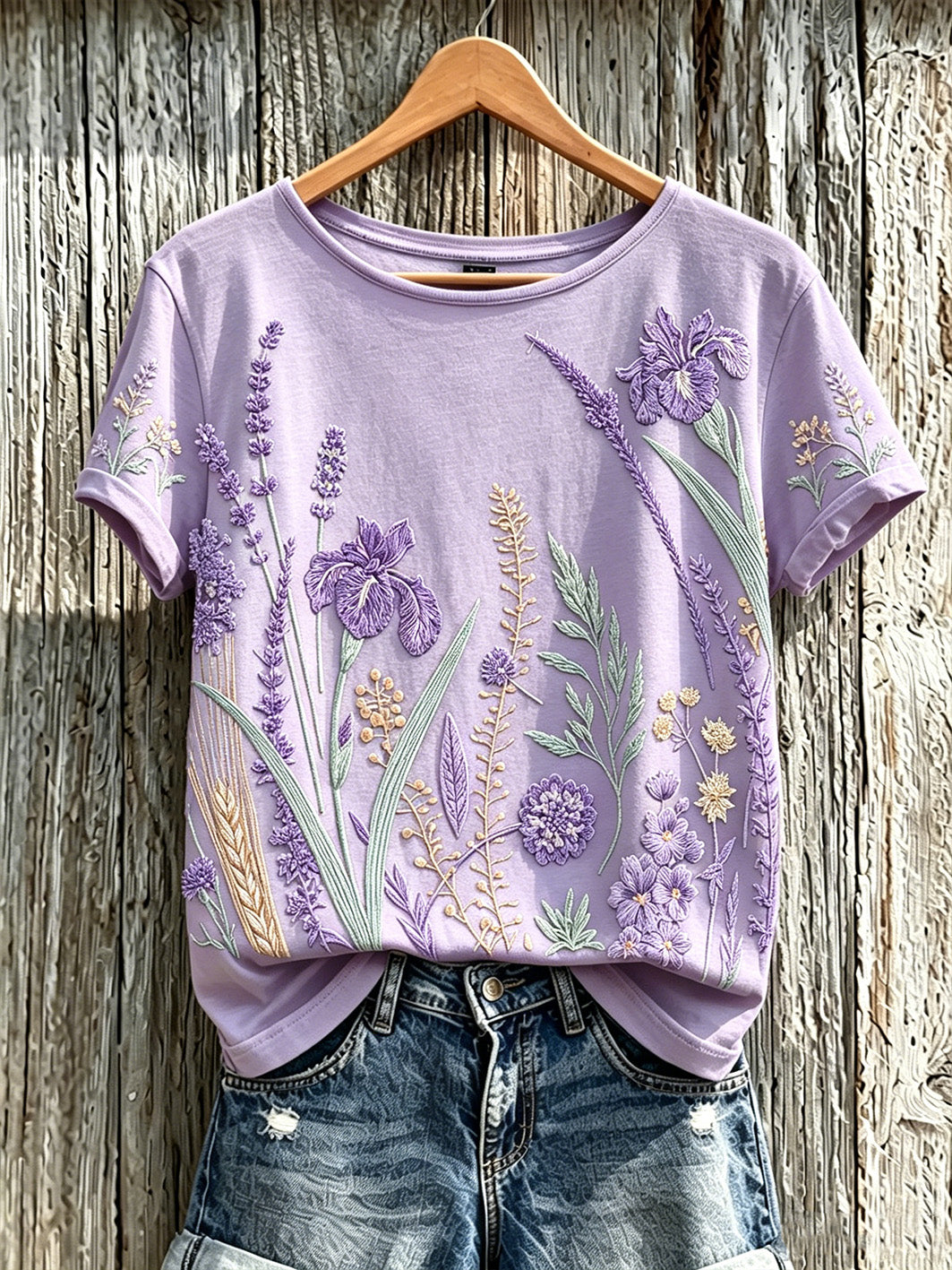 T-shirt décontracté imprimé à motif de fleurs violettes pour femmes