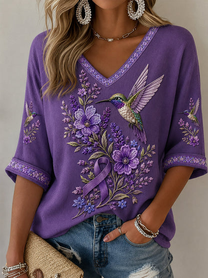 Femmes Violet Floral & Colibri Imprimer la conscience de la maladie d'Alzheimer soutien demi-manches V-Neck T-Shirt