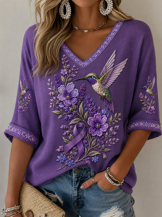 Femmes Violet Floral & Colibri Imprimer la conscience de la maladie d'Alzheimer soutien demi-manches V-Neck T-Shirt