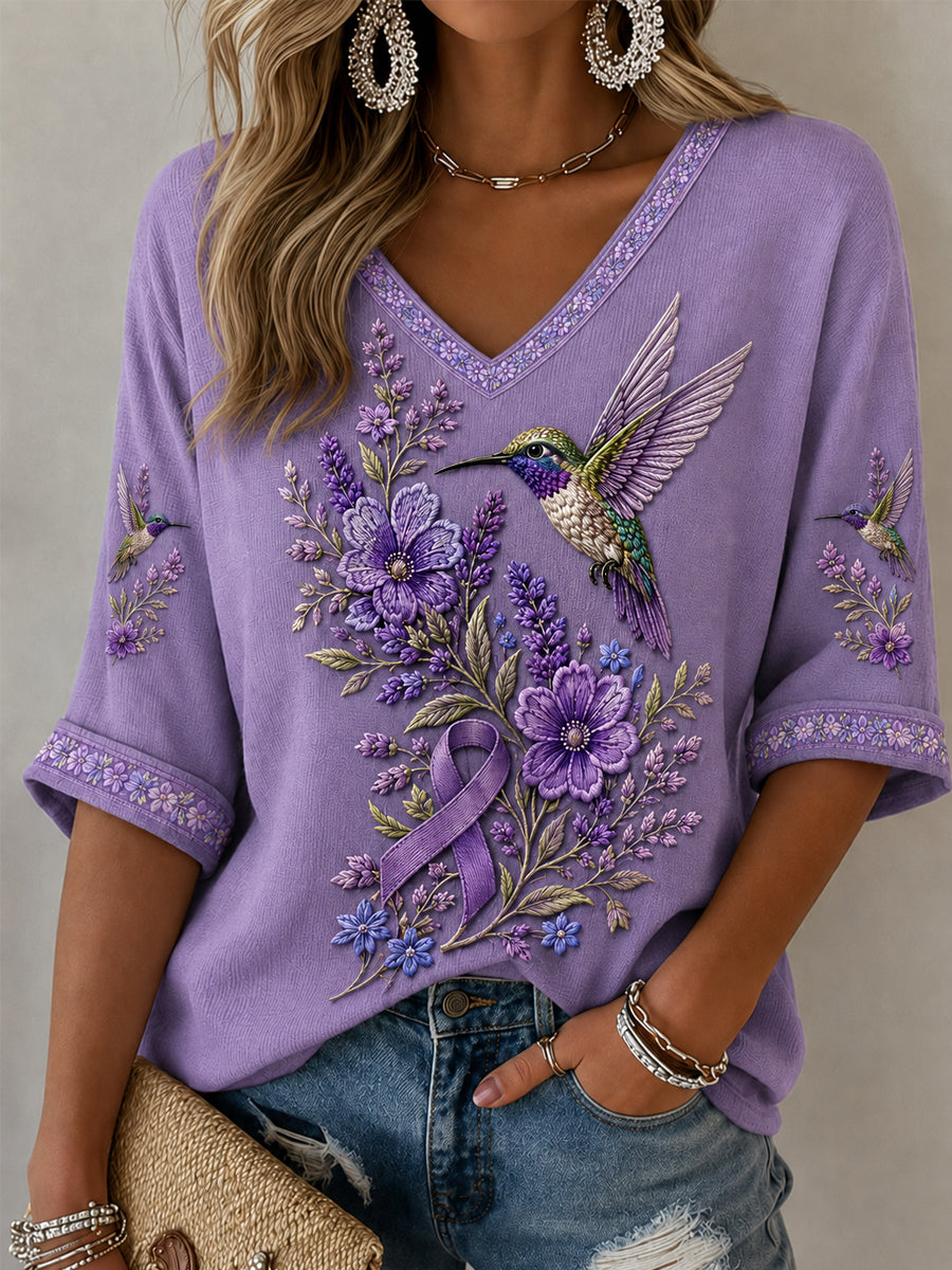 Femmes Violet Floral & Colibri Imprimer la conscience de la maladie d'Alzheimer soutien demi-manches V-Neck T-Shirt