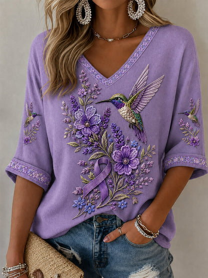 Femmes Violet Floral & Colibri Imprimer la conscience de la maladie d'Alzheimer soutien demi-manches V-Neck T-Shirt