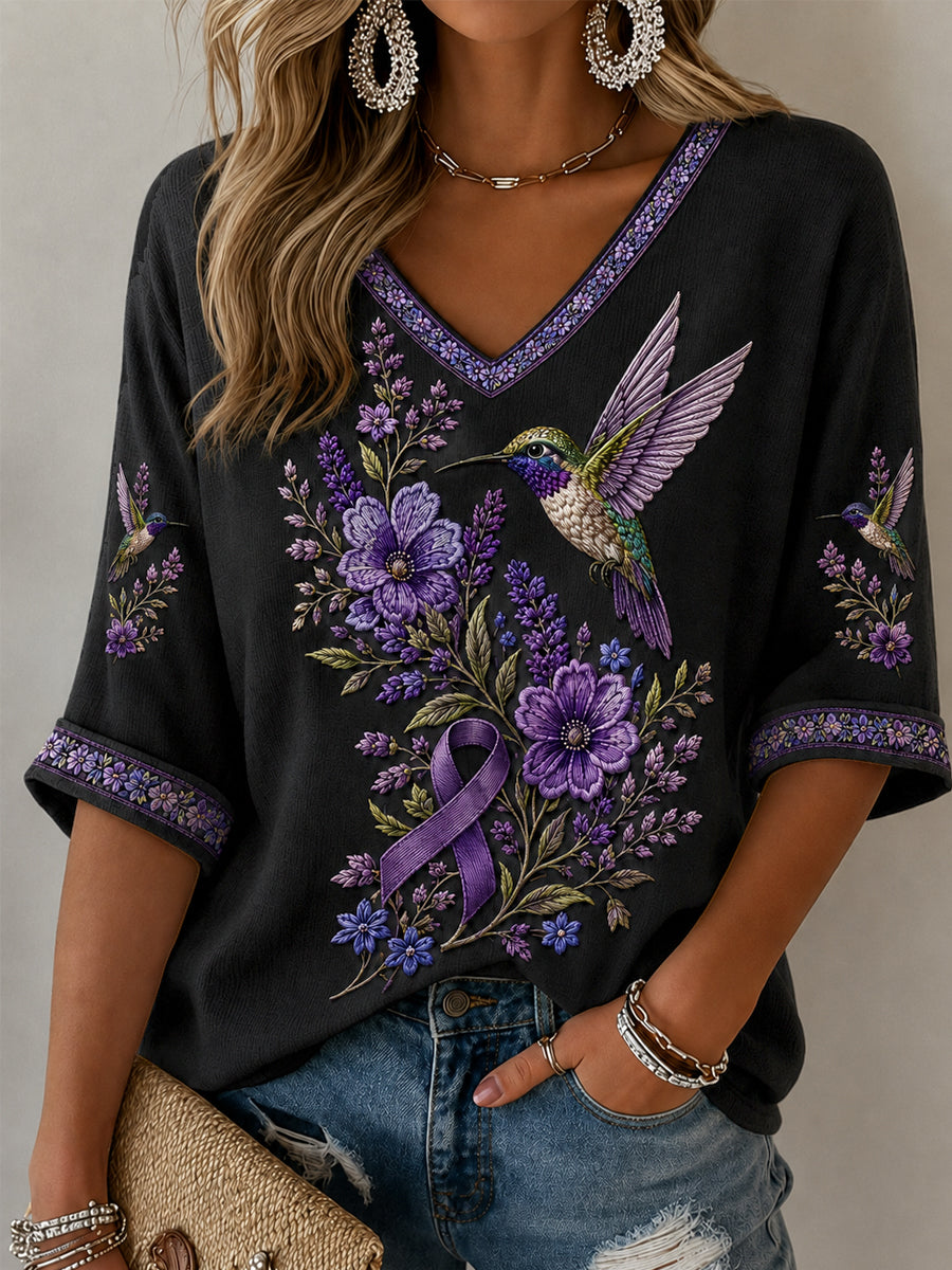 Femmes Violet Floral & Colibri Imprimer la conscience de la maladie d'Alzheimer soutien demi-manches V-Neck T-Shirt