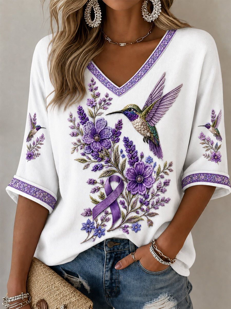 Femmes Violet Floral & Colibri Imprimer la conscience de la maladie d'Alzheimer soutien demi-manches V-Neck T-Shirt