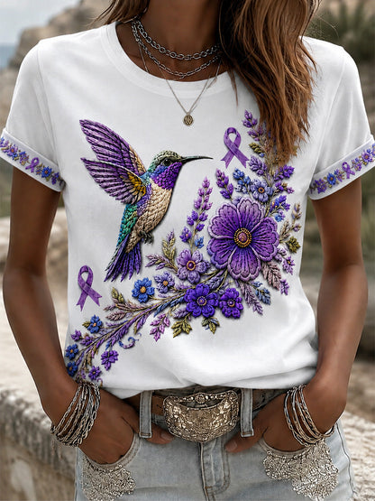 T-shirt de soutien violet à imprimé floral et colibri pour femmes