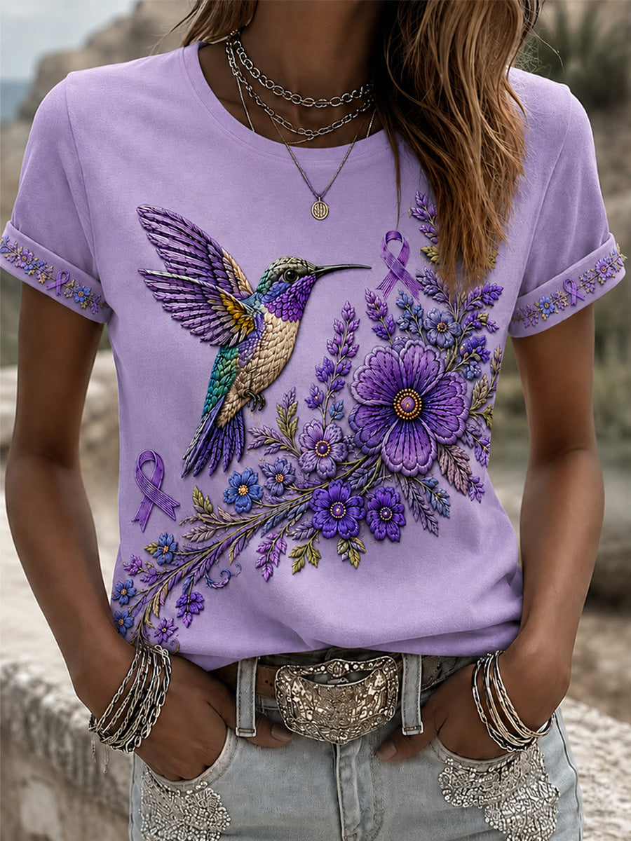 T-shirt de soutien violet à imprimé floral et colibri pour femmes