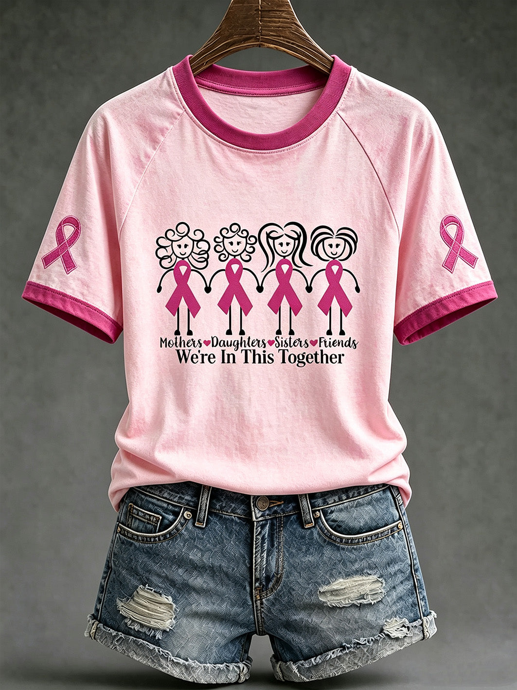 T-shirt décontracté à manches courtes imprimé, thème du cancer du sein chez la femme