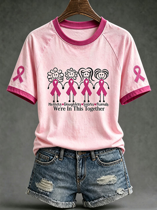 T-shirt décontracté à manches courtes imprimé, thème du cancer du sein chez la femme