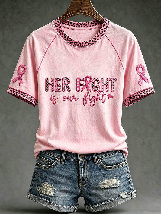 T-shirt décontracté à manches courtes imprimé, thème du cancer du sein chez la femme