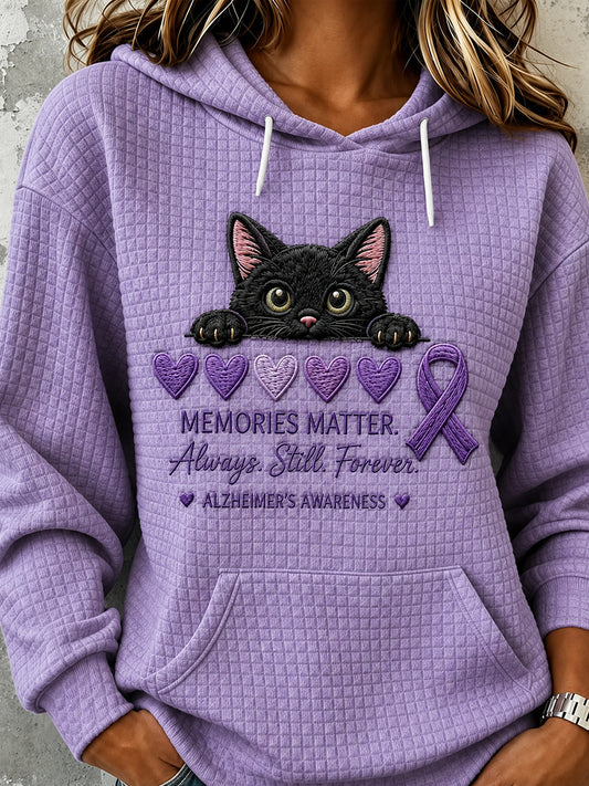 Sweat-shirt confortable à capuche pour femme, ruban violet et imprimé de chats qui regardent en coin