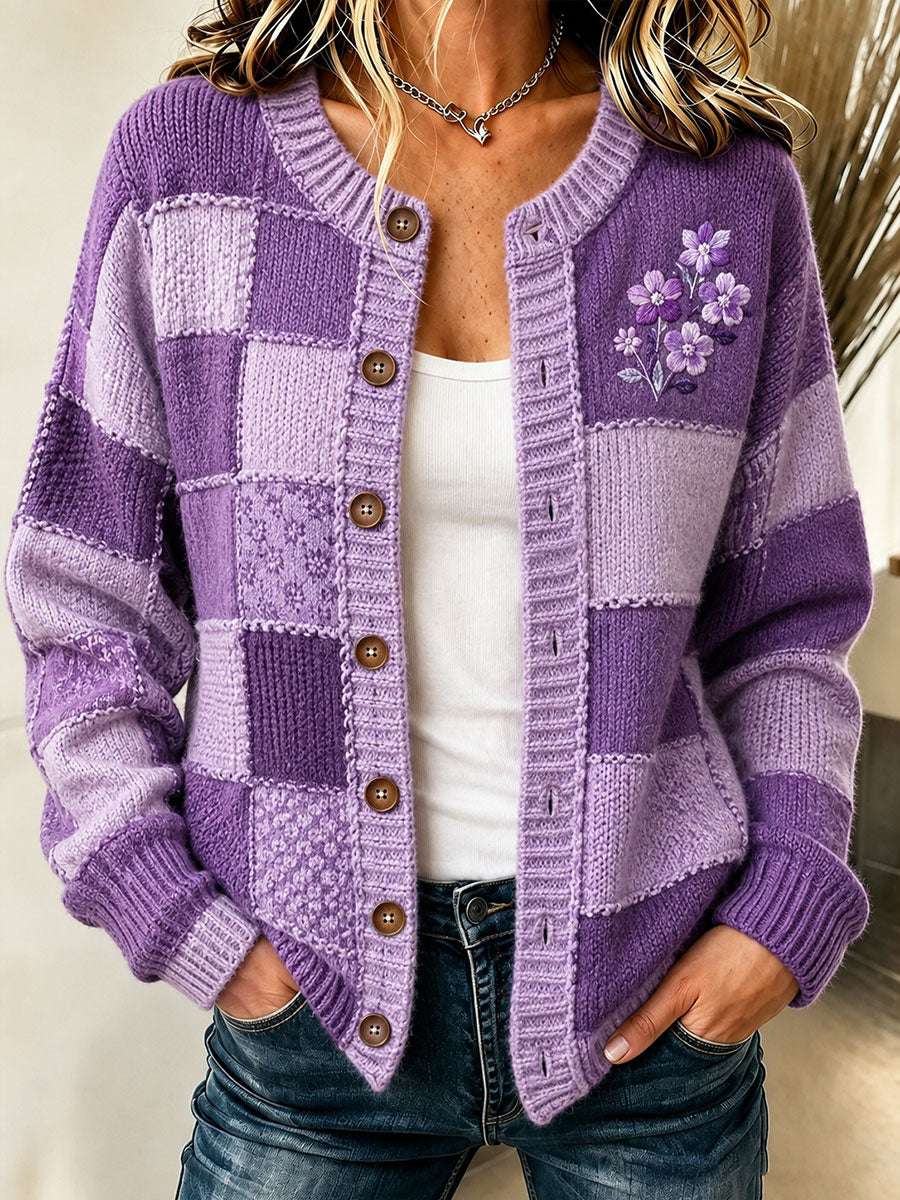 Cardigan pour femme à imprimé floral violet et de sensibilisation à la maladie d’Alzheimer