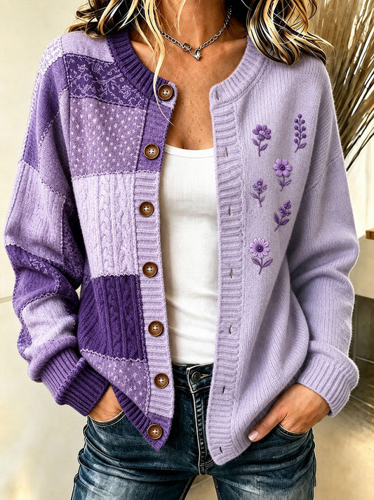Cardigan pour femme à imprimé floral violet et de sensibilisation à la maladie d’Alzheimer