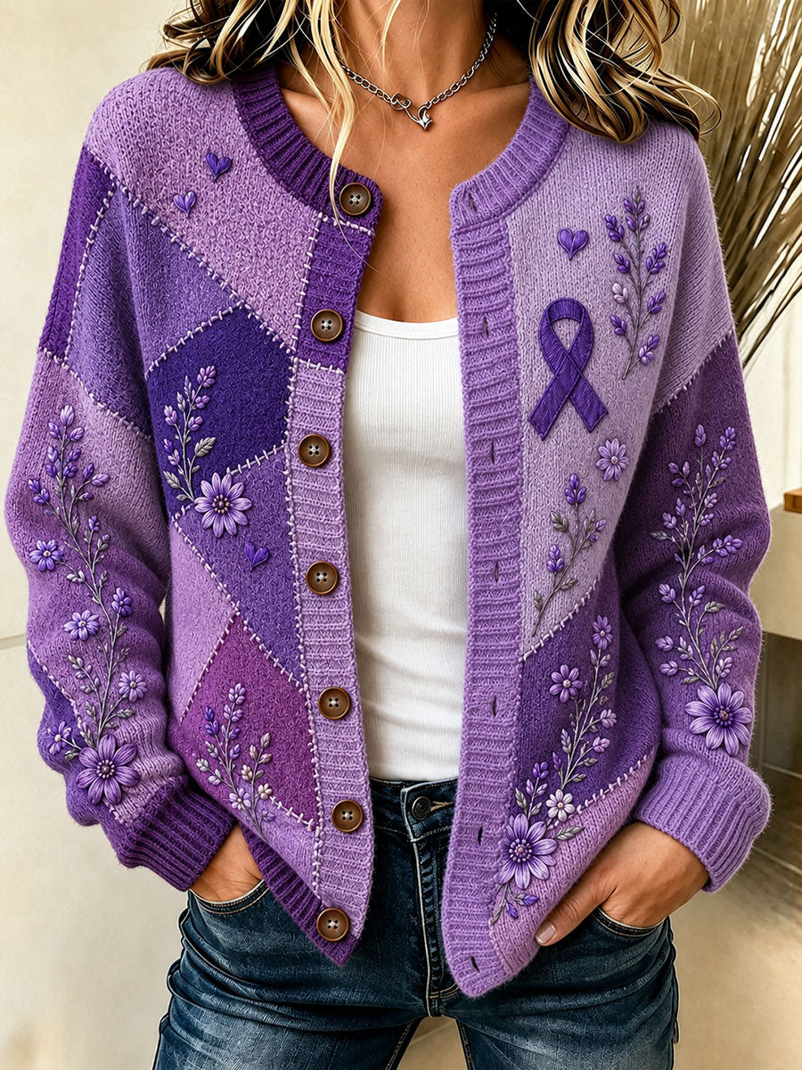 Cardigan pour femme à imprimé floral violet et de sensibilisation à la maladie d’Alzheimer