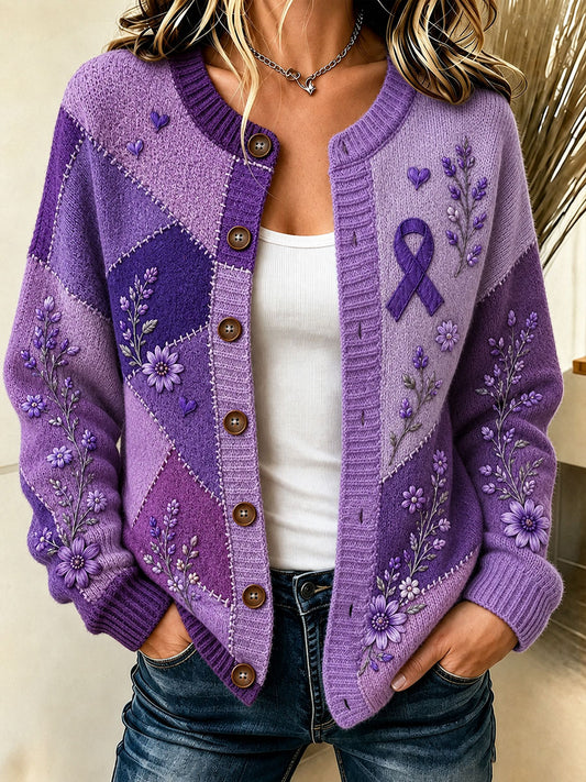 Cardigan pour femme à imprimé floral violet et de sensibilisation à la maladie d’Alzheimer