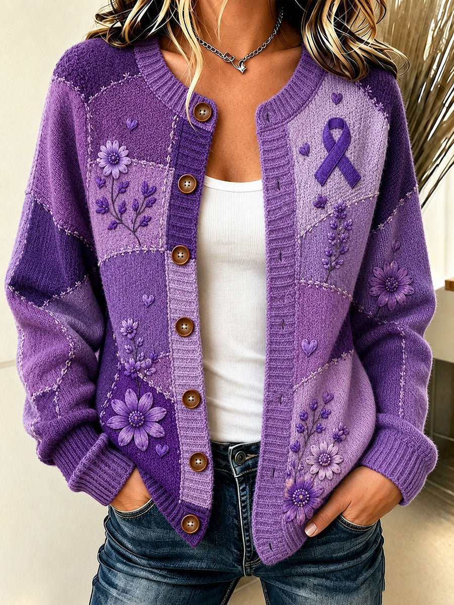 Cardigan pour femme à imprimé floral violet et de sensibilisation à la maladie d’Alzheimer