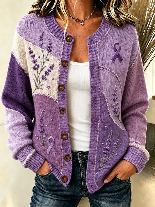Cardigan pour femme à imprimé floral violet et de sensibilisation à la maladie d’Alzheimer
